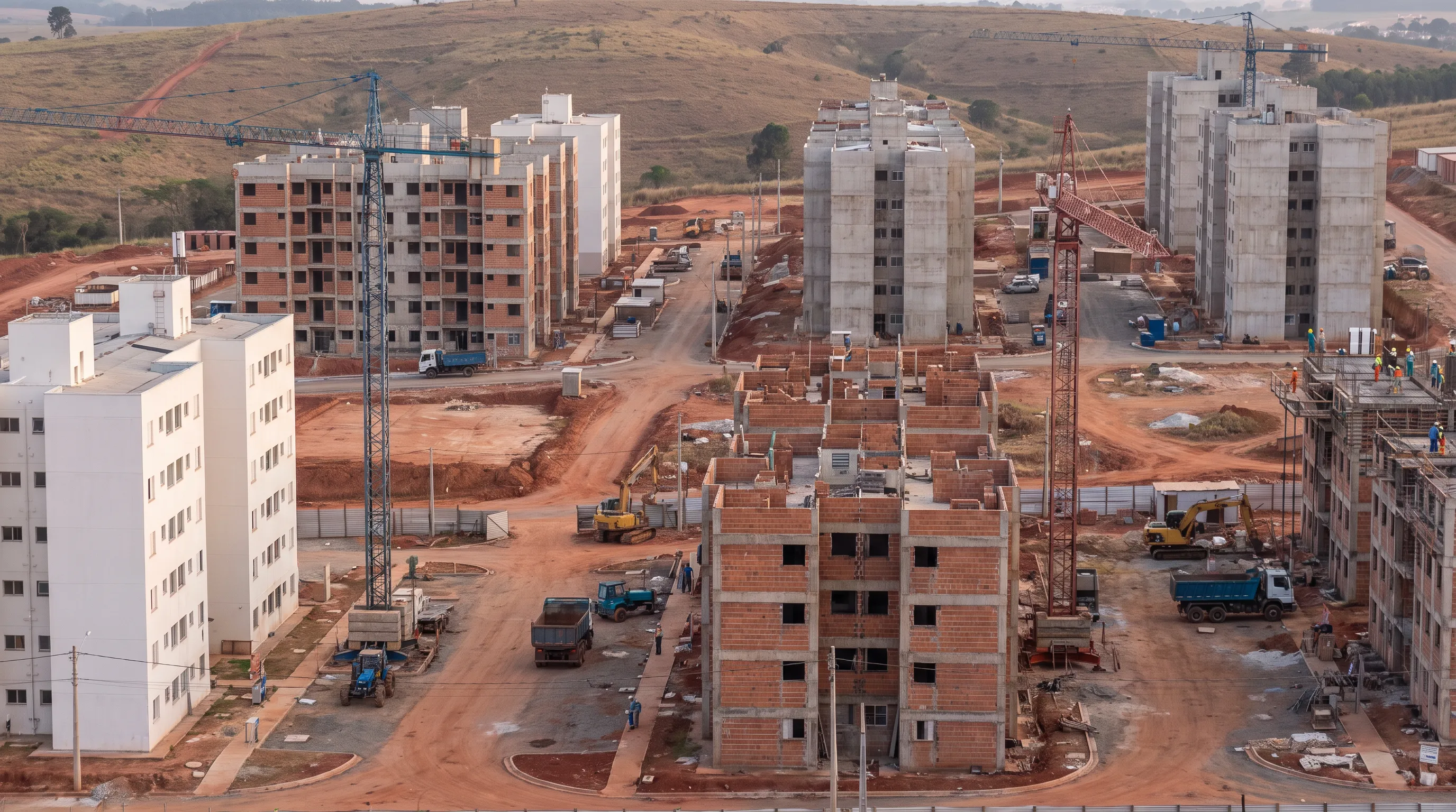 Cena ilustrativa de um conjunto habitacional brasileiro em construção